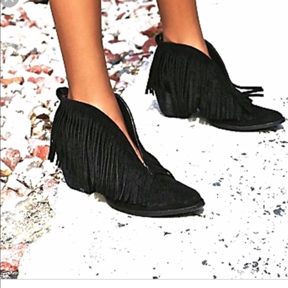 Black Suede fringe booties Free People